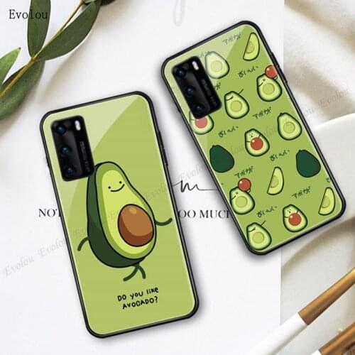 For Huawei P40 Lite P30 Pro P20 Case Green Avocado Cartoon Painted Tempered Glass Phone Case for Huawei P10 Plus P9 P20 Lite