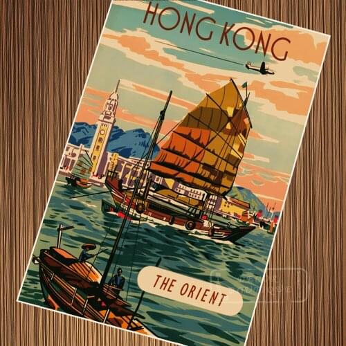 Fly to Hong Kong by Air Qantas Retro Vintage Classic Travel Poster Kraft Poster Canvas Bathroom Wall Sticker Home Decoration