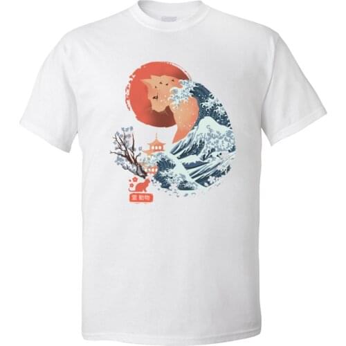 Pure Cotton Men Tshirt Great Wave Spirit Animal Cat T-Shirt Personalized Tops Shirts Fashion Party Crewneck Tops T Shirt