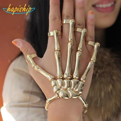 Hapiship Fashion Style Gold Halloween Hand Skull Skeleton Elastic Bracelet Bangle + Rings RCH Cool Free Shipping