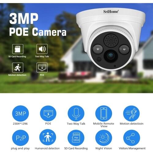 Srihome SH030B 3.0MP IP Camera POE ONVIF Wifi Indoor Smart Home Mobile Remote AI Human Alarm Surveillance Security CCTV Camera