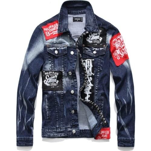 Fall Jacket Men Slim Long Sleeve Coat Printed Patch Denim Jacket Fashion Streetwear Mens Clothing Dropshipping Suppliers Usa