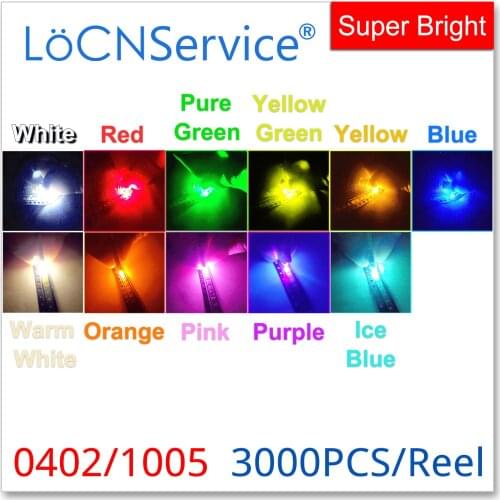 LoCNService 0402 1005 SMD LED 3000PCS Red Orange Yellow Green Jade green Lce Blue White Warm white Pink Purple High Light 1*0.5