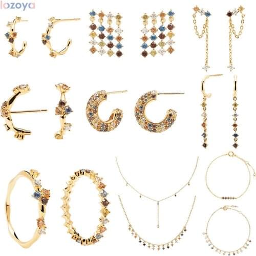 Lozoya New Luxury 925 Sterling Silver Spring FIVE Collection Colorful Rainbow CZ Hoops Stud Earring Piercing Ring Jewelry Set