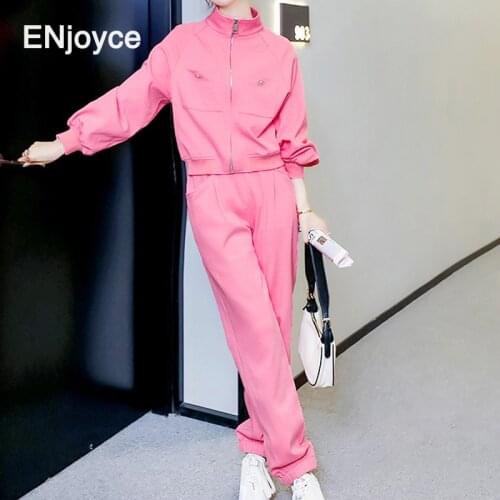 Fashion Rose Red Short Jacket Cropped Tops and High Waist Wide Leg Sport Pants Two Pieces Sets Women Korean Cargo Pants Sets