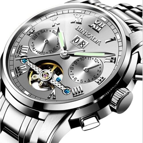 Mens Automatic Mechanical Wrist Watch Luminous Calendar Fashion Hollow Steel Band Business Waterproof Sports Chronograph