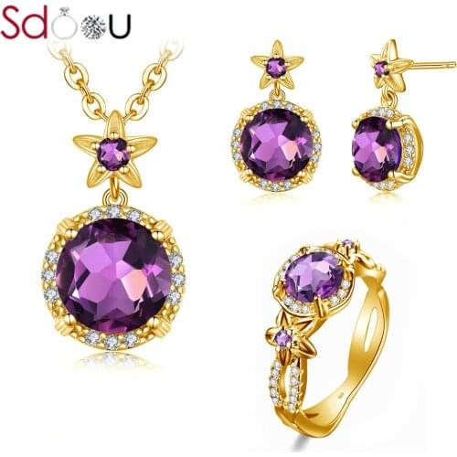 SDOOU Jewlery Sets For Women Sterling Silver Ring Earring Pendant Sets Wedding Jewellery 14K Gold Jewelry Bridal Accessories New