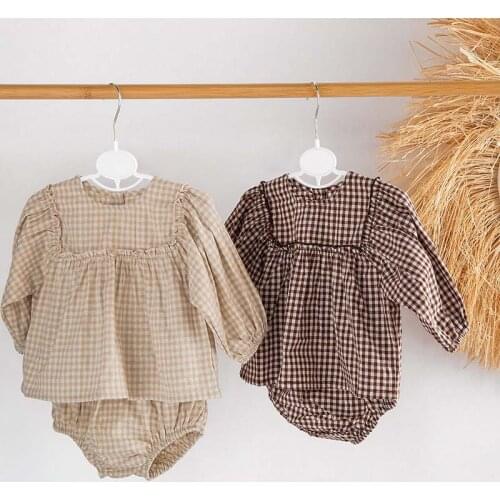 2021 New Baby Girls Clothes Little Plaid Infant Girls Clothes Set Puff Sleeve Blouse And Bloomer 2 Pcs Toddler Girls Suit