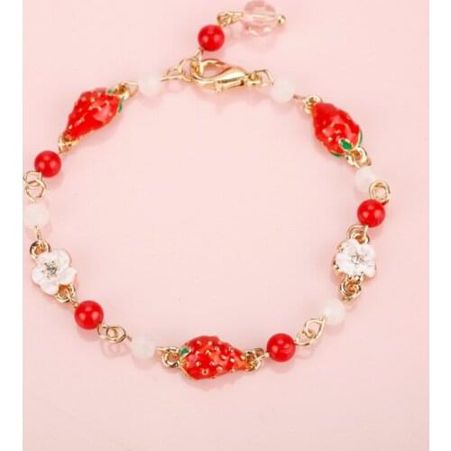 New Sweet Strawberry Pink Flower Bracelet Red Cherry Pearl Small Pure and Fresh Girl Alice Lovely Jewelry Friends Birthday Gift