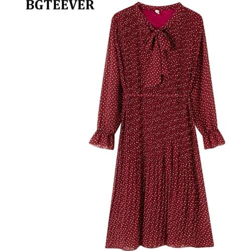 BGTEEVER Fashion Bow Neck Ladies Polka Dots Dress Long Sleeve Lace Up Female Pleated Dress 2021 Summer Chiffon Vestidos