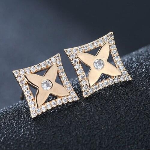 Simple Temperament Copper Diamond-studded Earring Ladies Sweet Square Flower Zircon Ear Studs Jewelry Earrings