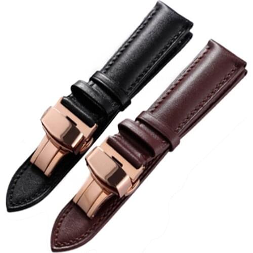 Leather Watch Bands Deployment Quick Release with Butterfly Buckle Black Brown Replacement Watch Strap for Men & Women WB159