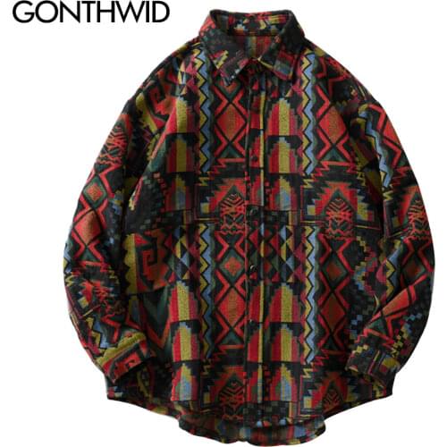 GONTHWID Southwestern Aztec Tribal Indian Button Shirts Streetwear Hip Hop Geometry Pattern Casual Long Sleeve Shirt Tops Coats