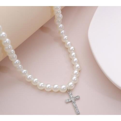 SHIXIN Simulated Pearls Strand Beaded Choker Necklace for Bridal Women Lovely White Beads Crystal Cross Pendant Necklace Jewelry