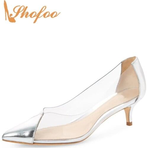 Silver Nude PVC Cap Pointy Toe Med Thin Kitten Heels Pumps Woman Stilettos For Ladies Clear Dress Shoes Fashion Large Size 33 35