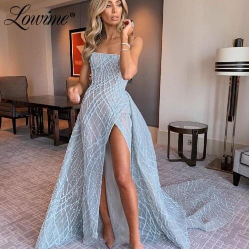 Strapless Glitter Prom Dresses Long Custom Made Arabic Evening Dress 2020 With High Slit Formal Gowns Party Dress Abendkleider