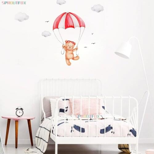 Parachute Balloon Bear Wall Stickers for Kid Rooms Boys Decorative Door Stickers Waterproof Art Decal Nursery Home Decor