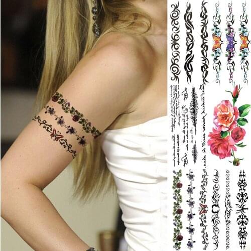 Watercolor Flower Vine Temporary Tattoos For Women Girls Realistic Indian Tribal Totem Tattoo Butterfly Poem Fake Tatoos Sticker