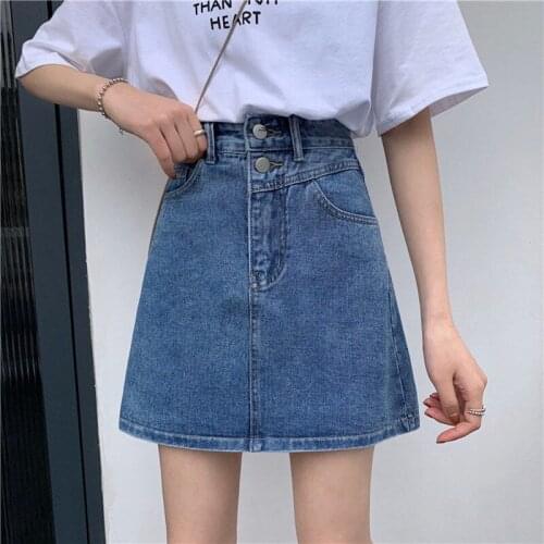 Ailegogo Spring Summer Women Solid Color A-line Washed Retro Denim Short Skirts Streetwear Female Vintage Blue Ins Jeans Skirt