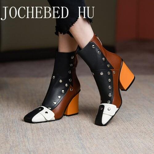 【JOCHEBED HU】Real Leather Women fashion color Patchwork Boots Lady Square toe Knee High Boots Chunky Heels Shoes women Catwalk