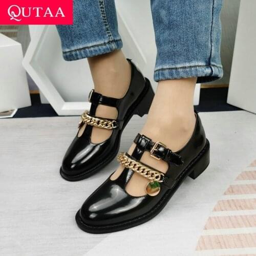 QUTAA 2021 Square Heels New Women Pumps Spring Female Round Toe Casual Shoes Mary Jane Cow Patent Leather Buckle Metal Size34-40