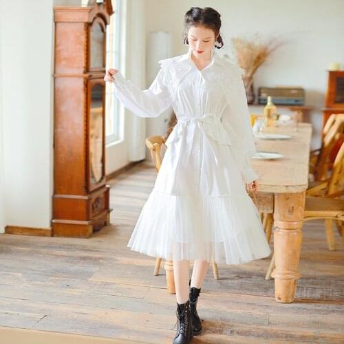 TIYIHAILEY Free Shipping Boshow Women Cotton Lace And Mesh Patchwork White Shirt Dress With Belt Spring And Autumn Long Sleeve