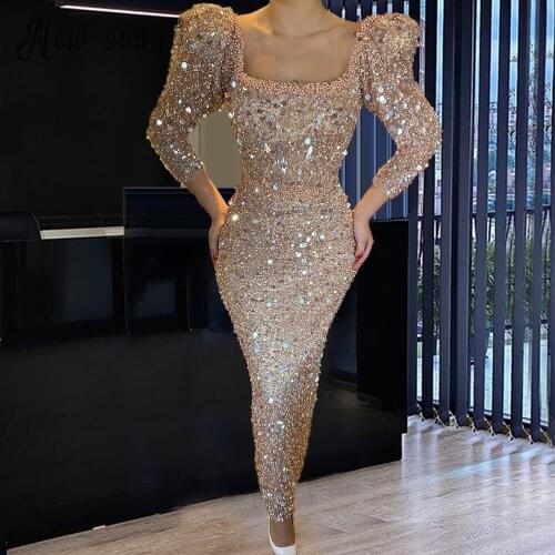Three Quarters Sleeves Champagne Mermaid Pearls Formal Evening Dress With Jacket Mother Of Bride Gown For Wedding Party 2021