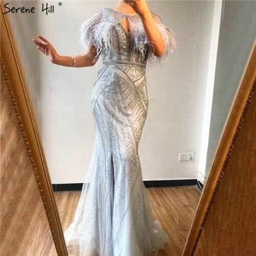 Dubai Mermaid V-Neck Beading Diamond Formal Dress 2020 Silver Feathers Shawl Yarn Sexy Evening Dresses Serene Hill BLA70355