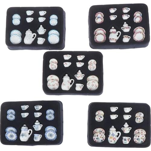 1:12 Miniature 17PCS Porcelain Tea Cup Set Chintz Flower Tableware Kitchen Dollhouse