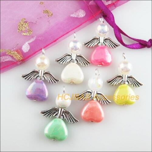 18 New Angel Charms Tibetan Silver Tone Mixed Acrylic Heart Pendants 20.5x28mm