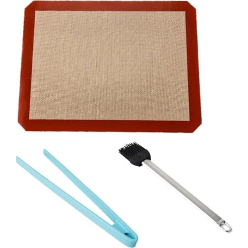 3pcs/set Food Tong Stainless Steel Silicone Brush Kitchen Tongs Non-slip Cooking Clip Clamp BBQ Salad Tools Grill BBQ Mat