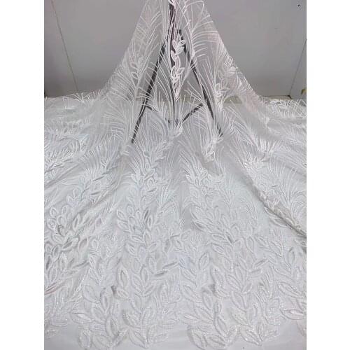 5yards/pc) High quality white African wedding lace wonderful embroidered sequins French net lace fabric for party dress FJL032