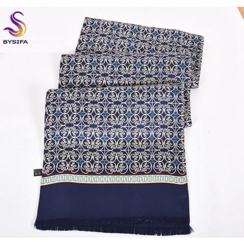 [BYSIFA] New Navy Blue Men Silk Scarf Printed Muffler Winter Brand Fashion Scarves 100% Pure Silk Male Black Long Scarves Cravat