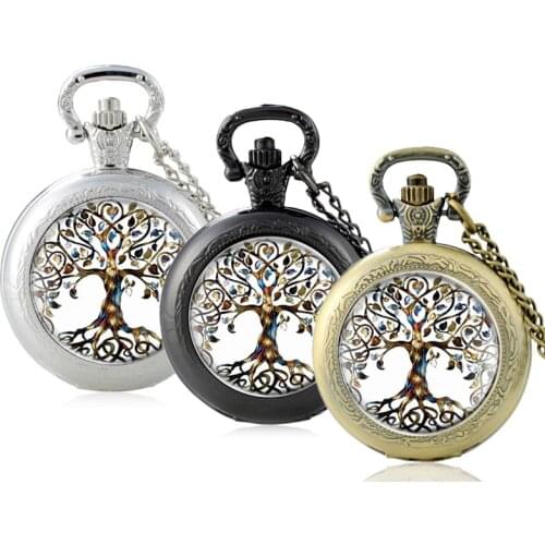 Black Classic Fashion The Tree of Life Design Glass Cabochon Quartz Pocket Watch Vintage Men Women Pendant Necklace Chain