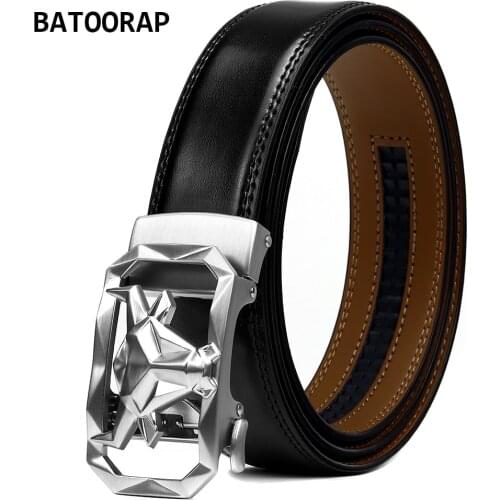 BATOORAP Designer Mens Leather Belt Silver Metal Buckle Automatic Formal Style Male Black Cowhide Business Waist Strao WL-E023