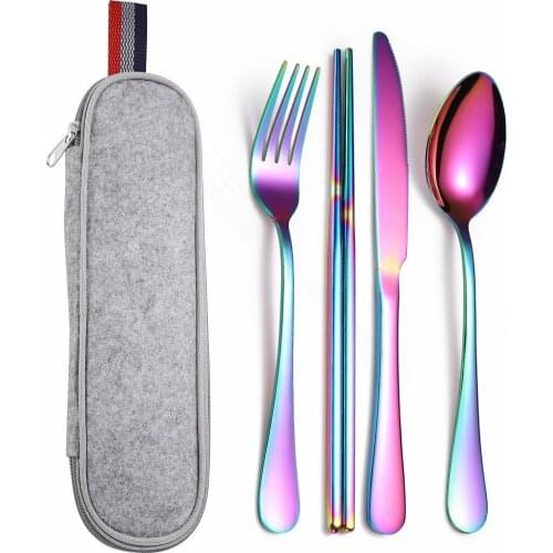 Travel Tableware Bag Cutlery Set Rainbow Fork Spoon Knife Stainless Steel Cutlery Set Camping Dinner Set with Chopstics Kitchen
