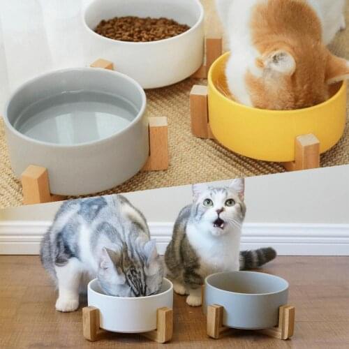Cat Dog Pet Ceramic Feeding Drinking Bowls Combination with Bamboo Frame for Dogs Cats Water Drink Dishes Feeder