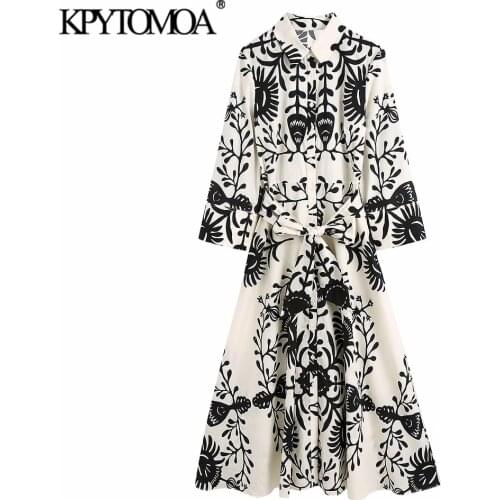 KPYTOMOA Women 2021 Fashion With Belt Totem Print Midi Shirt Dress Vintage Three Quarter Sleeve Button-up Female Dresses Mujer