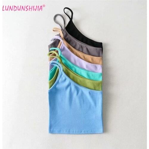 LUNDUNSHIJIA New Women Fashion Sexy Solid Crop Tops 2021 Summer Single Shoulder Top Slim Camisole 7 Colors