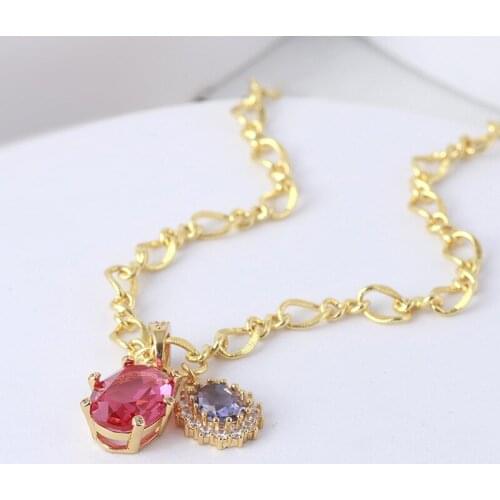 Fashion Golden Vintage Jewelry 2021 Female Necklace Oval Color Semi-precious Stone Double Pendant Accessories Womens Neck Chain