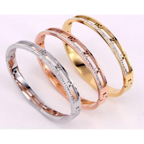 Fashion Hollow Roman numerals crystal stainless steel Bracelet Bangle Rose Gold Color Christmas Women Party Gift