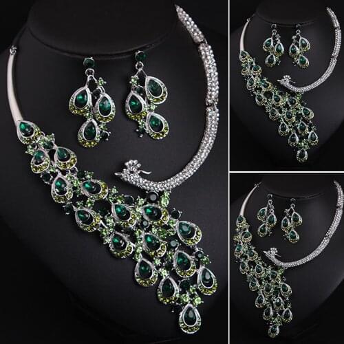Fashion Green Gem Crystal Jewelry Set Peacock Bib Choker Necklace Earrings Sets for Women Bridal Wedding Party Statement Gift