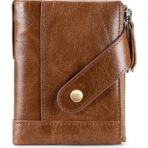 Mens Wallet Vintage Genuine Leather Wallet for Men Zipper Snap Card Holder Purse RFID Blocking Male High Quality
