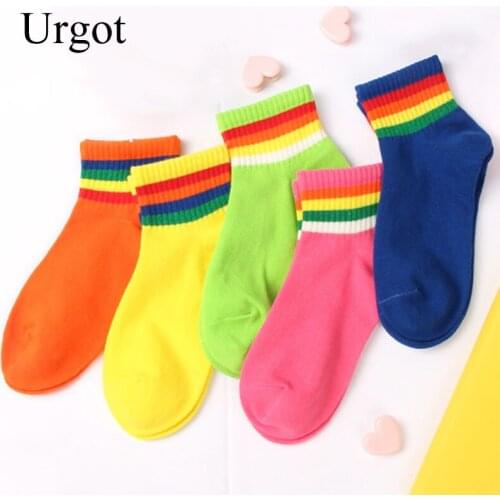 Urgot 5 Pairs 2021 Autumn Winter New Womens Tube Socks Korean College Style Fluorescent Color Socks Cotton Tide Rainbow Socks