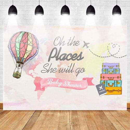Oh The Places She Will Go Travel Baby Shower Backdrop Photography Precious Cargo Backdrop Airplane Hot Air Balloon Party Decor