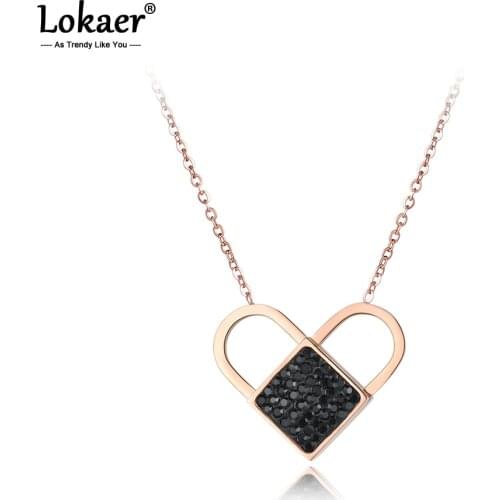 Lokaer Trendy Key & Heart Chokers Necklaces For Women Pave Setting Rhinestone Rose Gold Color Stainless Steel Jewelry N18045