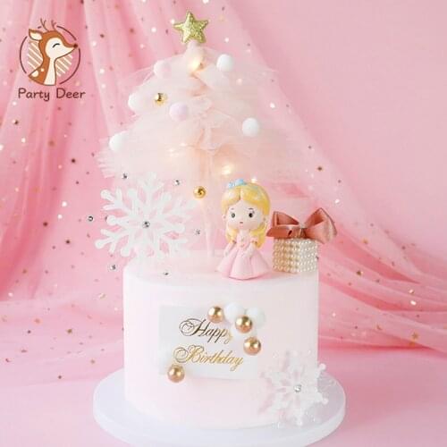 Pink Christmas Yarn Tree Snow Suit Girl Princess Decorations Cake Toppers Childrens Party Supplies for Baking Lovely Gifts