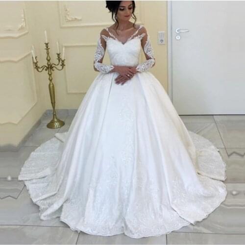Vestido de Noiva Tulle Long Sleeve V Neck Wedding Dress 2021 Full Appliques Lace Bridal Gowns Custom Made Princess Bride Dresses
