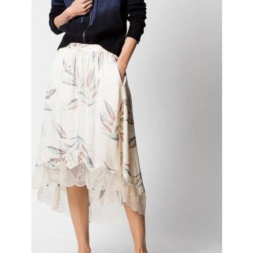 Elfbop High Quality Ladies Viscose Elastic Waist Lace Patchwork Print Asymmetric Midi Skirt