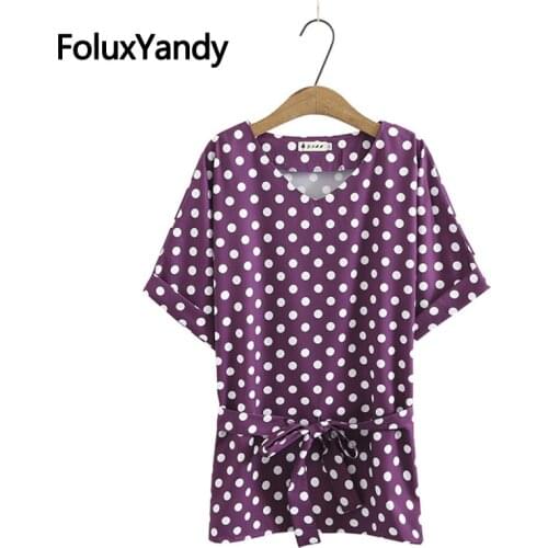 Bandage Women Blouse Plus Size XXXL 4XL V-neck Bow Casual Polka Dot Short Sleeve Blouse KKFY5480